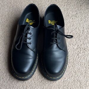 Dr. Martens Black Leather 3-Eye Derby Shoes with Yellow Stitching